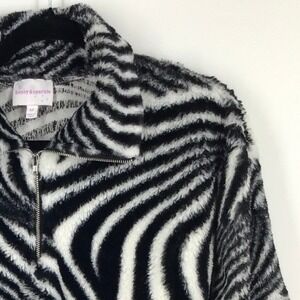 Honey & Sparkle Zebra Print Faux Fur Half Zip Pullover Jacket Cozy Black White M